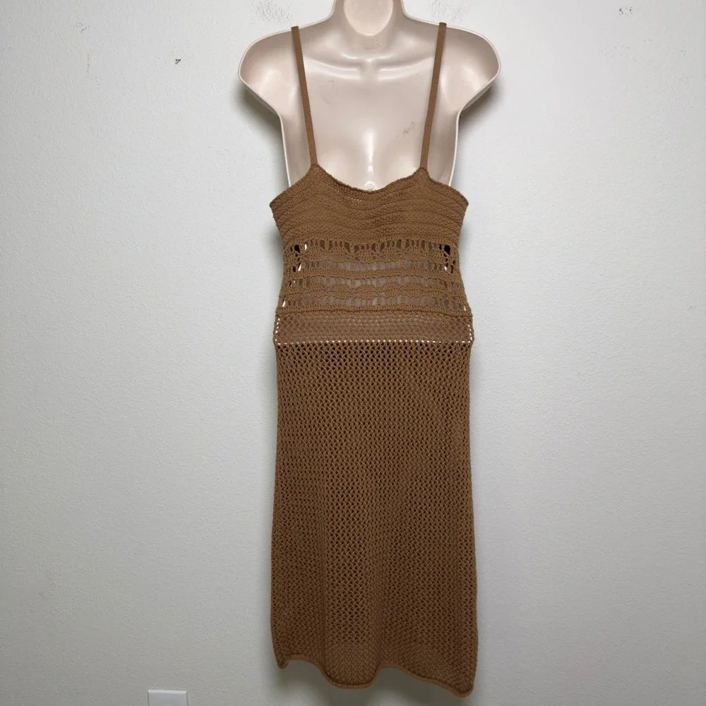 Aerie Women Crochet‎ Knit Cover Up Dress Small Brown Beach Coastal Cowgirl Boho